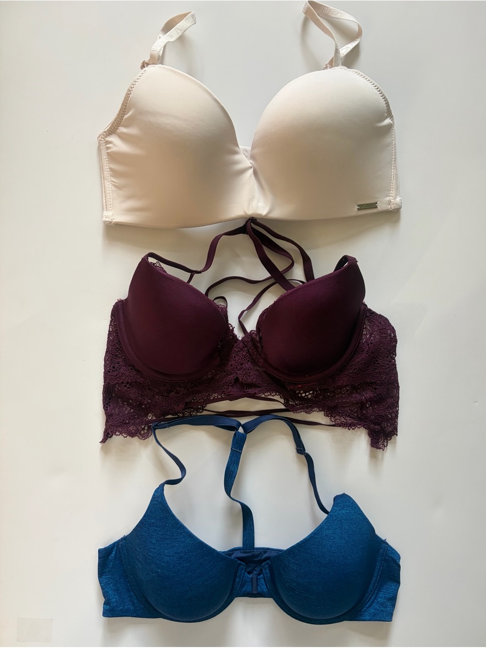 3-Pack bundle value Lined Bras Cream, Plum, Teal-Blue size 34B